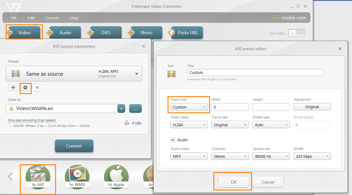 Change aspect ratio for AVI