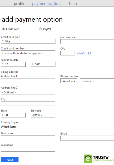 Microsoft account payment options