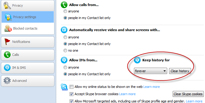 Clear history in Skype