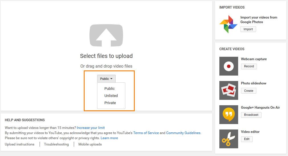 YouTube upload privacy settings 2015