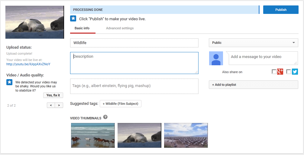 YouTube upload web interface