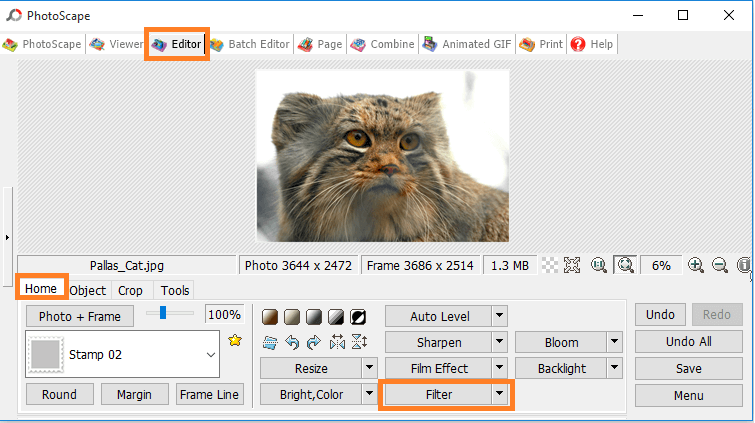 PhotoScape Editor Filters option