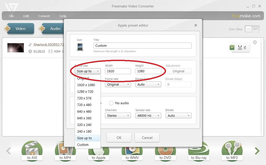 reduce video size with frame size (dimension)